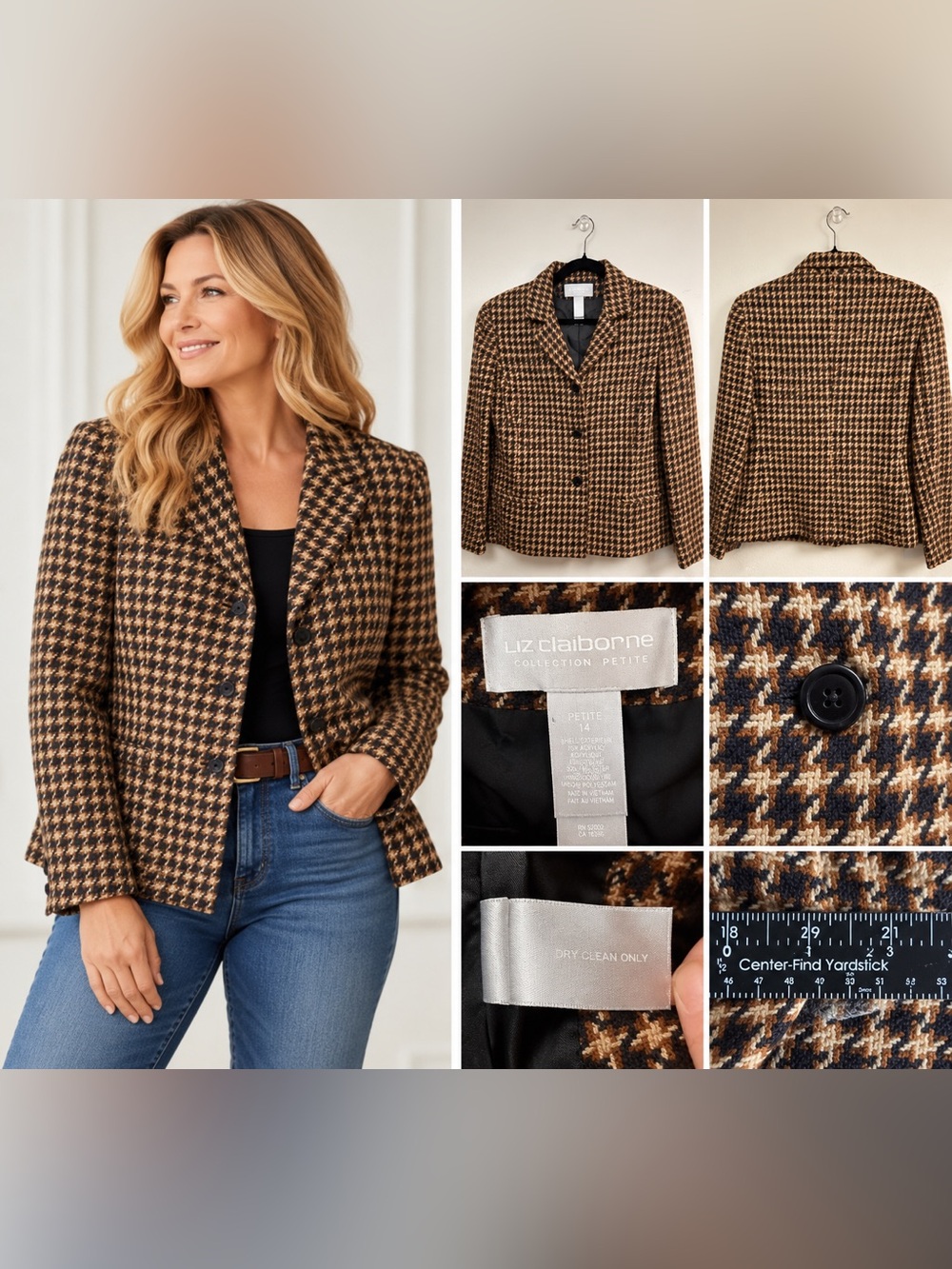 Liz Claiborne Collection Petite Houndstooth Wool Blend Blazer Brown Black NWT